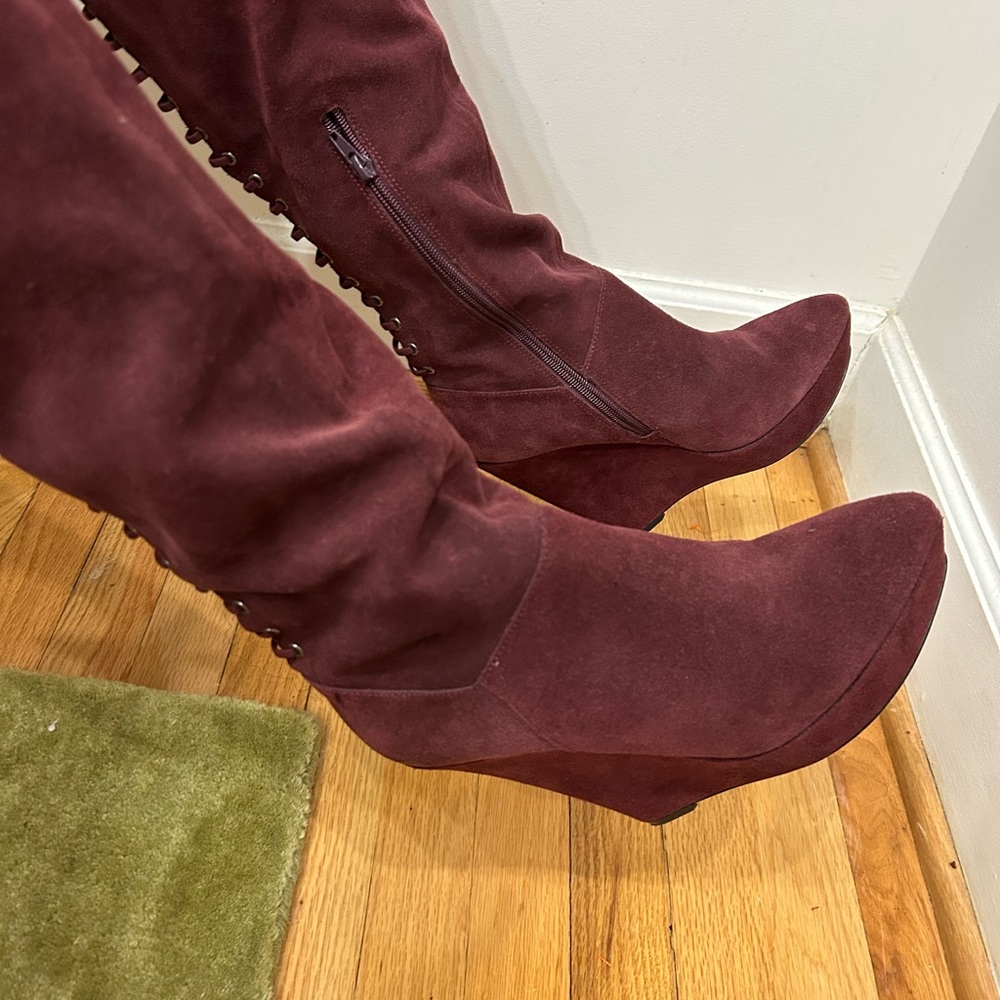 Fabulous Burgundy Knee Length Suede Wedge Lace up Boots